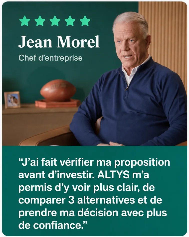Jean Morel, chef d’entreprise : « J’ai fait vérifier ma proposition avant d’investir. ALTYS m’a permis d’y voir plus clair, de comparer 3 alternatives et de prendre ma décision avec plus de confiance. »