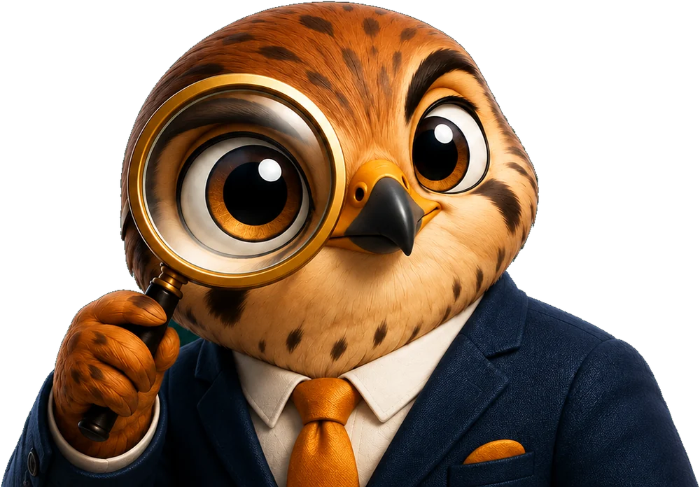 La mascotte ALTYS : un faucon en costume observe à la loupe